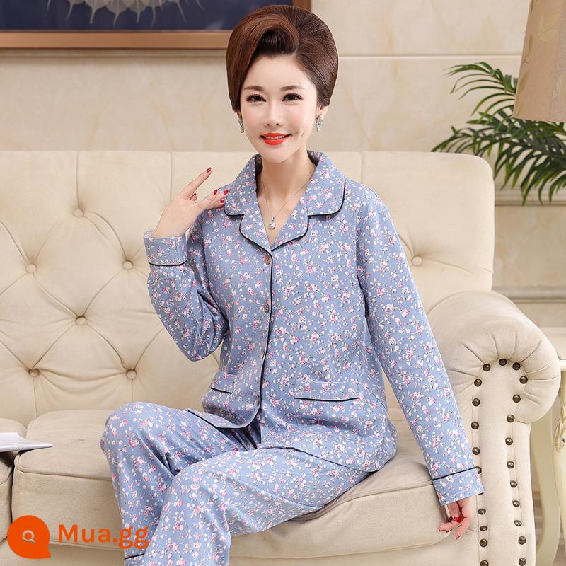 Bộ đồ ngủ cho bà mẹ trung niên và người cao tuổi mùa xuân và mùa thu cotton nguyên chất dài tay kích thước lớn phần mỏng phục vụ tại nhà bộ đồ nữ mùa thu đông - 9934 màu xanh