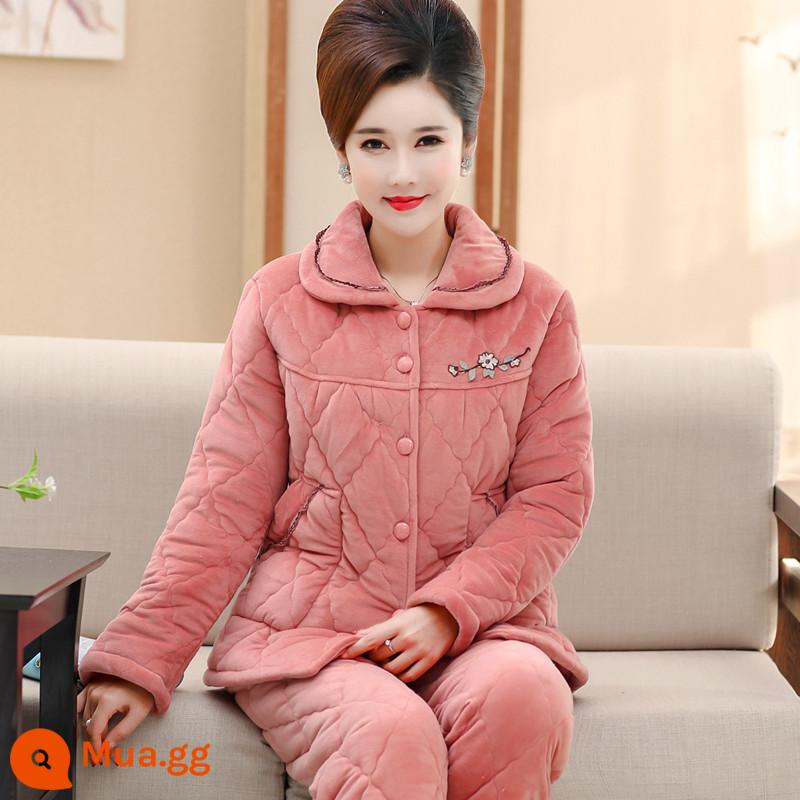 Bộ đồ ngủ cotton lông cừu san hô mùa thu và mùa đông dành cho các bà mẹ trung niên và cao tuổi ba lớp dày và nhung ấm áp ở nhà - Cam LH1049