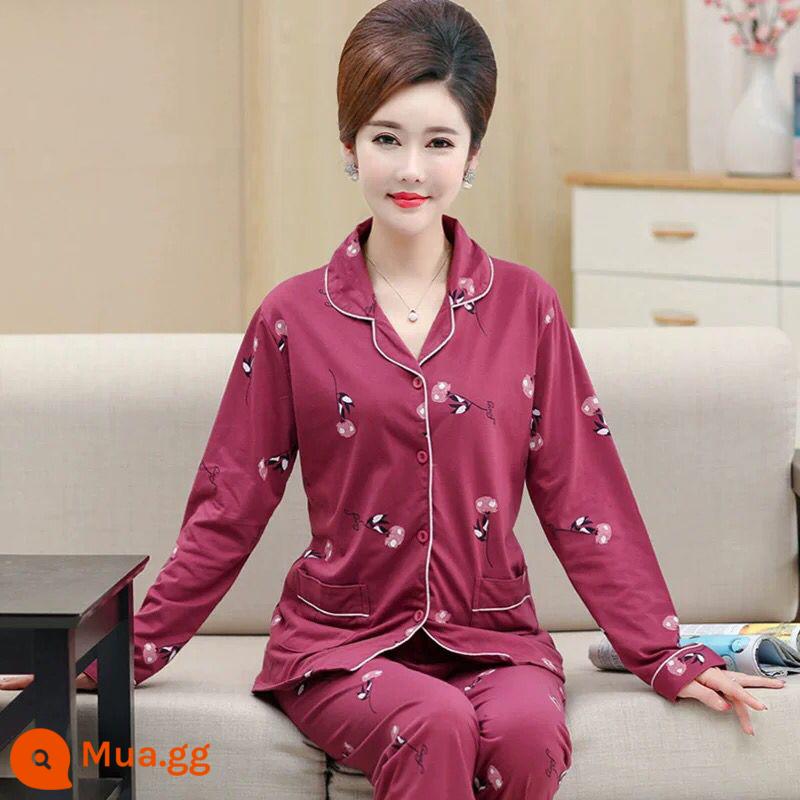 Bộ đồ ngủ cho bà mẹ trung niên và người cao tuổi mùa xuân và mùa thu cotton nguyên chất dài tay kích thước lớn phần mỏng phục vụ tại nhà bộ đồ nữ mùa thu đông - Màu tím 10153