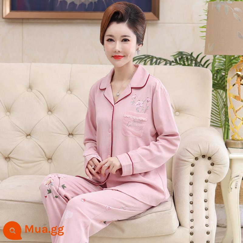 Bộ đồ ngủ cho bà mẹ trung niên và người cao tuổi mùa xuân và mùa thu cotton nguyên chất dài tay kích thước lớn phần mỏng phục vụ tại nhà bộ đồ nữ mùa thu đông - 967