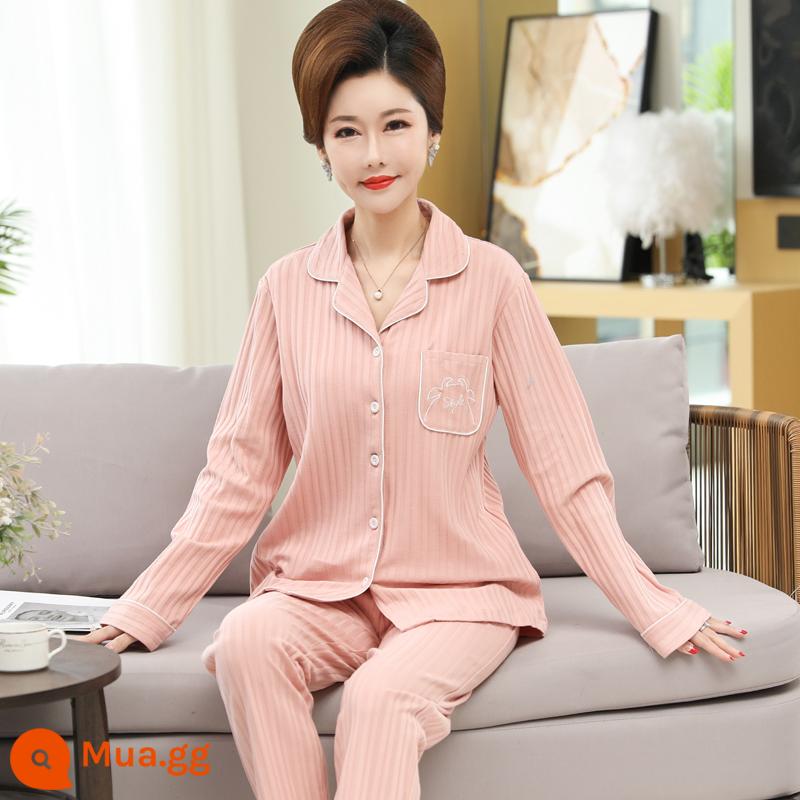 Bộ đồ ngủ cho bà mẹ trung niên và người cao tuổi mùa xuân và mùa thu cotton nguyên chất dài tay kích thước lớn phần mỏng phục vụ tại nhà bộ đồ nữ mùa thu đông - Xám đậm CY2025