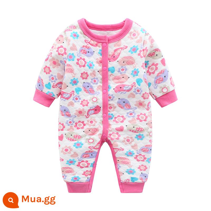 Áo Liền Quần Cho Bé Thu Đông Dày Chần Bông Mùa Xuân Cotton Nguyên Chất Bộ Đồ Ngủ Ấm Áp Nam Nữ Quần Áo Liền Quần Dài Tay Dễ Thương - Ấm áp-Chim và Hoa B