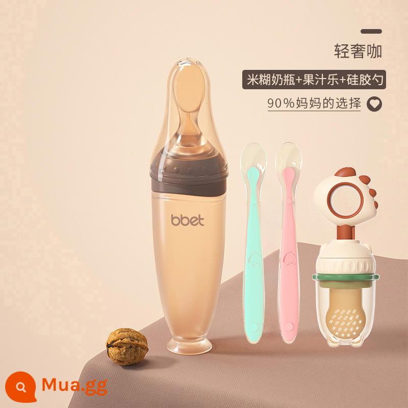 Babi cơm hình voi thìa dán bình sữa bóp cho bé thìa silicone mềm cho bé không ăn dặm dụng cụ bát ăn bột gạo hiện vật - [Set Ưu Đãi Đặc Biệt] Cà Phê Nhẹ Luxury + Muỗng Silicon + Nước Ép Vui Vẻ