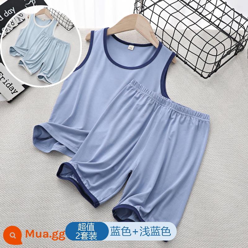 Áo Vest Trẻ Em Phù Hợp Với Phần Mỏng Phương Thức Nhà Bé Trai Không Tay Điều Hòa Quần Áo Bé Băng Lụa Bộ Đồ Ngủ Bé Trai Mùa Hè - Xanh dương + xanh nhạt (2 bộ)