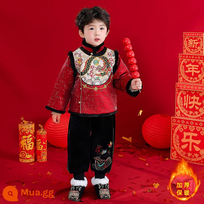 Quần áo chúc mừng năm mới cho bé trai Hanfu phong cách Trung Hoa Lễ hội mùa đông dành cho bé gái Bộ đồ dày dành cho trẻ em Bộ đồ váy một tuổi của bé - Cậu Bé Rồng Đen (phiên bản nâng cấp với chất liệu cotton và dày dặn)