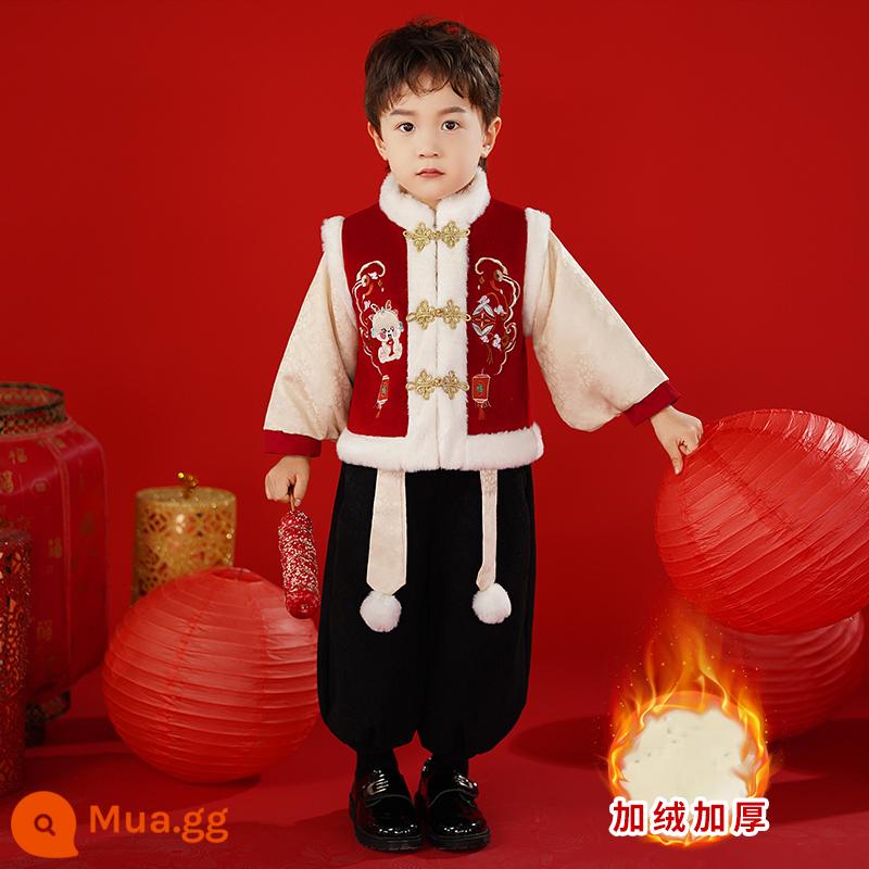 Quần áo chúc mừng năm mới cho bé trai Hanfu phong cách Trung Hoa Lễ hội mùa đông dành cho bé gái Bộ đồ dày dành cho trẻ em Bộ đồ váy một tuổi của bé - Bé trai (phiên bản nâng cấp cộng thêm nhung và cotton dày)