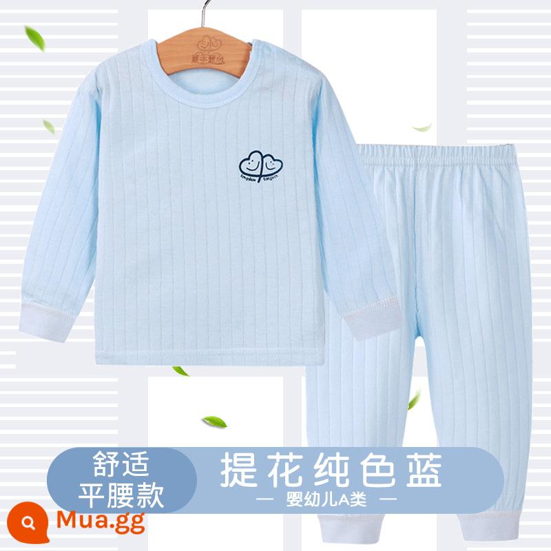 Bộ đồ lót trẻ em cotton nguyên chất cho bé dài tay hai mảnh quần áo bé trai quần lót dài bé gái đồ ngủ mùa hè - jacquard màu xanh rắn