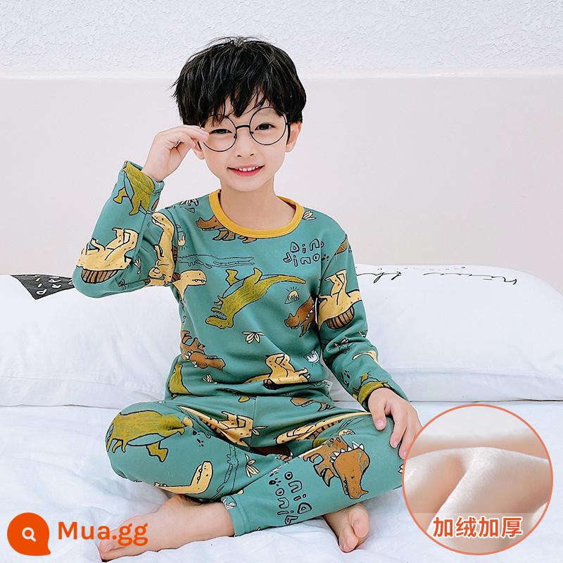 Bộ đồ lót giữ nhiệt trẻ em bằng nhung bắc cực cộng với nhung dày bé trai và bé gái cotton nguyên chất cho bé một bộ đồ ngủ cotton nhung mùa đông - [Cộng với phong cách nhung] Thiên đường khủng long Doulu