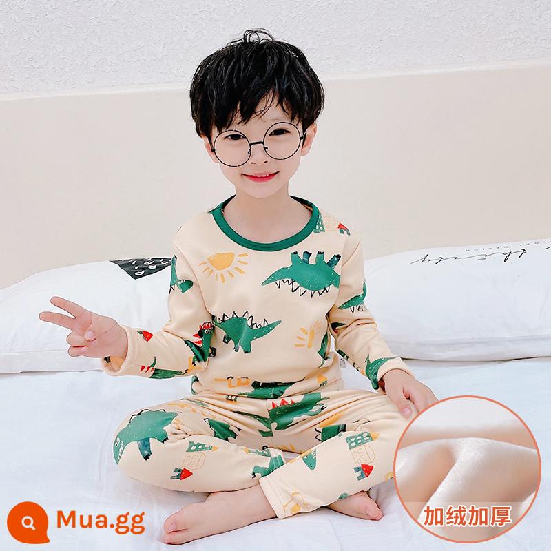 Bộ đồ lót giữ nhiệt trẻ em bằng nhung bắc cực cộng với nhung dày bé trai và bé gái cotton nguyên chất cho bé một bộ đồ ngủ cotton nhung mùa đông - [Phong cách lông cừu] Stegosaurus xanh nắng