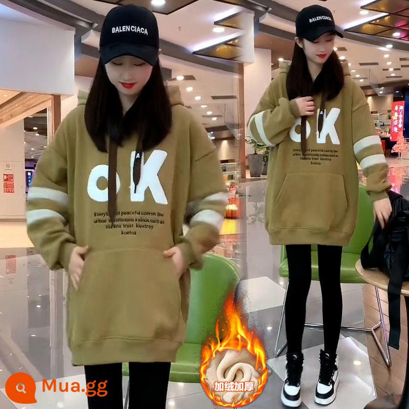 Mùa Đông 2022 Phong Cách Mới Plus Nhung Dày Thời Trang Thư Hoodie Nữ Rời Tất Cả Trận Đấu Áo Khoác Mỏng - 1370# xanh dưa [cộng với nhung và dày]