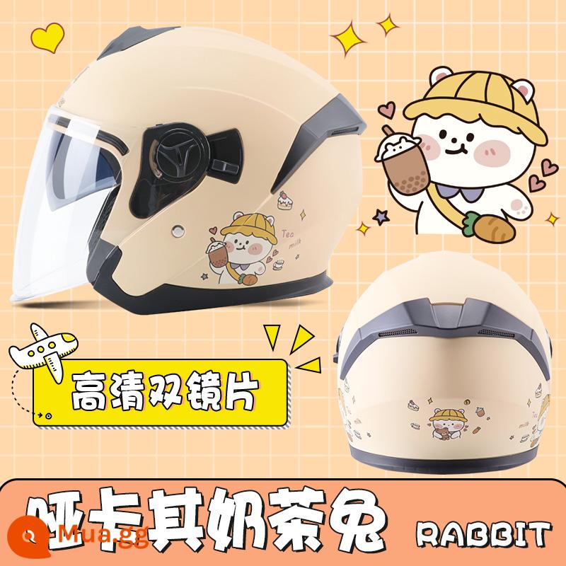 3C Chứng nhận xe máy Mũ bảo hiểm xe điện nam và nữ Bốn mùa - Khaki Rabbit [Thiết kế gương đôi-Chứng nhận 3C]