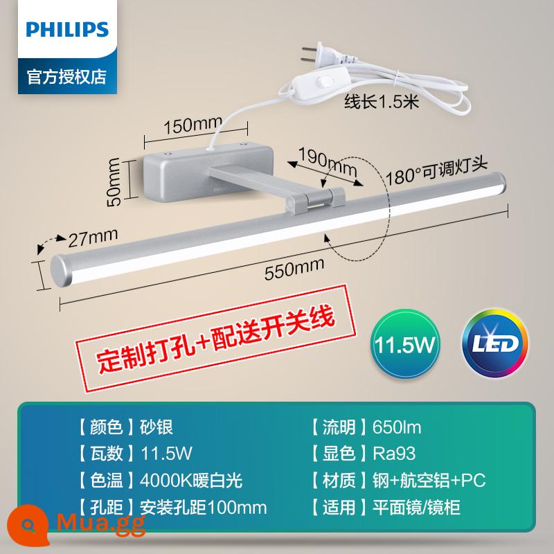 Philips Gương Mặt Trước Đèn Trang Điểm Tủ Gương Đèn Trang Điểm Đặc Biệt Tủ Phòng Tắm Gương Nhẹ Bàn Trang Điểm Lấp Đầy Ánh Sáng Thay Đồ - Cáp ngoài đục lỗ tùy chỉnh 55cm bạc mờ [Ánh sáng trắng ấm 4000K] 11,5W