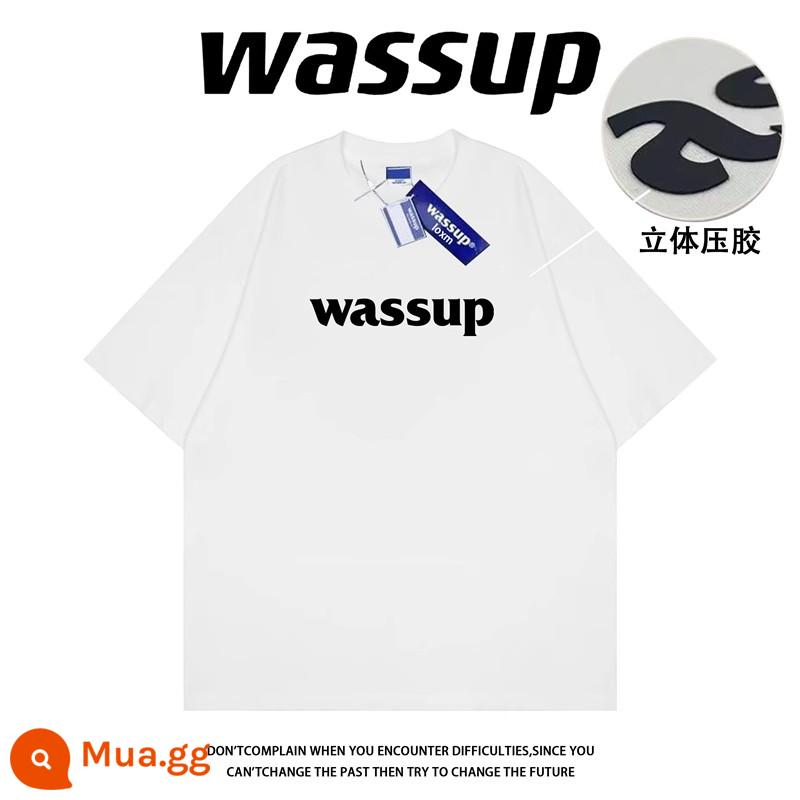 WASSUP xu hướng quốc gia 3D chữ cái nhãn dính ba chiều áo thun ngắn tay nam và nữ hợp thời trang thương hiệu lỏng lẻo BF cặp đôi giản dị áo thun nửa tay - Màu trắng in màu đen [280g cotton nặng]