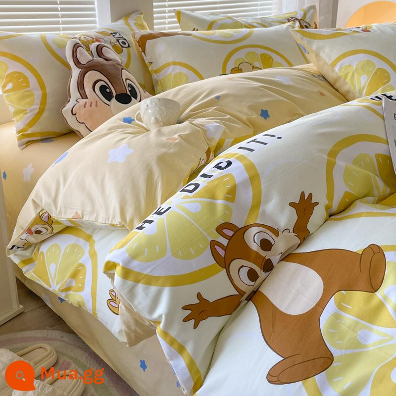 Ins gió giường 4 món 100 cotton ga trải giường cotton nguyên chất Tulip 3 bộ nhỏ họa tiết hoa chăn ga gối đệm ga trải giường - Gấu Disney-Lemon [in 100% cotton]