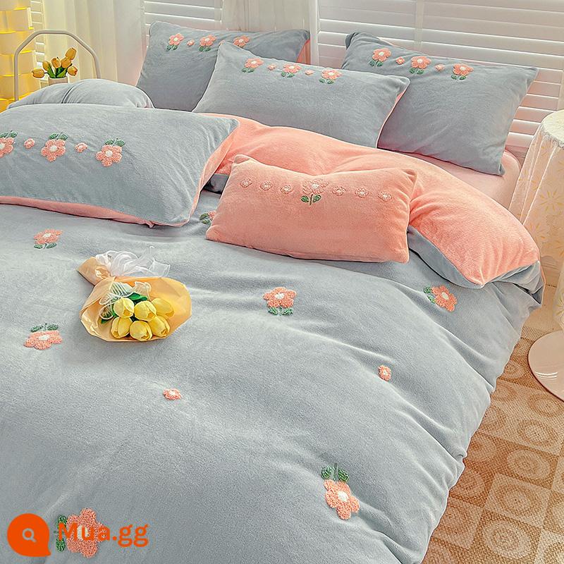 Sữa mùa đông Velvet Bốn cái đôi đôi dày đôi được cung cấp - Hoa nở - xanh nhạt [khăn nhung sữa dày thêu]