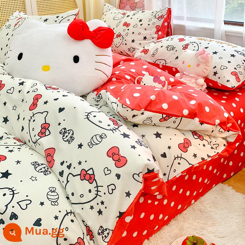 Giường cotton 4 món 100 cotton bé gái trẻ em chăn ga gối KittyHello chăn ga gối 3 món - Kẹo Kitty [100% cotton]