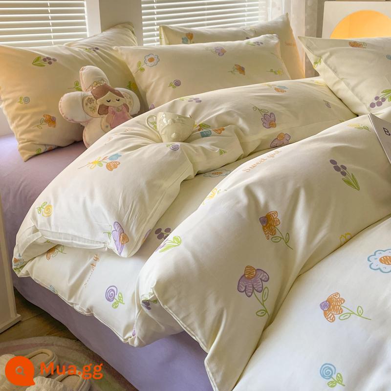 Ins gió giường 4 món 100 cotton ga trải giường cotton nguyên chất Tulip 3 bộ nhỏ họa tiết hoa chăn ga gối đệm ga trải giường - Thanh lịch [in 100% cotton]