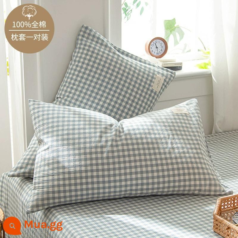 Ins áo gối cotton nguyên chất một đôi lưới màu đỏ phong cách nhà dày 100 áo gối cotton vỏ gối đơn lớp lót - ☆ Lưới nhỏ màu xanh nước biển [cặp vỏ gối cotton]