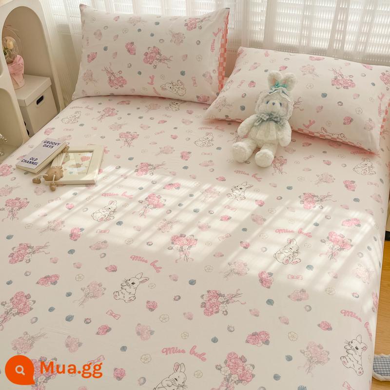 Tấm cotton nguyên chất một mảnh 100 cotton dày trẻ em chăn đơn ký túc xá sinh viên vỏ gối ga trải giường 3 món 1.5 mét - bó hoa thỏ