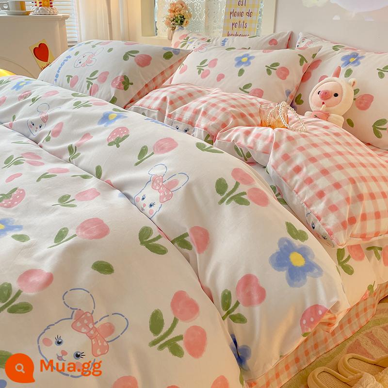 Ins gió giường 4 món 100 cotton ga trải giường cotton nguyên chất Tulip 3 bộ nhỏ họa tiết hoa chăn ga gối đệm ga trải giường - Thỏ Dâu [in 100% cotton]