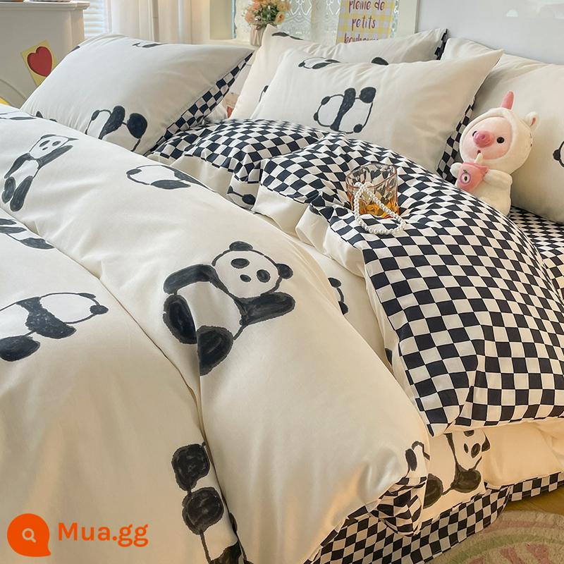 Ins gió giường 4 món 100 cotton ga trải giường cotton nguyên chất Tulip 3 bộ nhỏ họa tiết hoa chăn ga gối đệm ga trải giường - Gấu trúc [in 100% cotton]