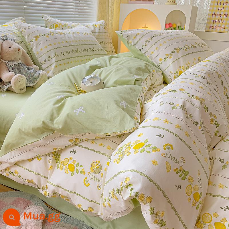 Ins gió giường 4 món 100 cotton ga trải giường cotton nguyên chất Tulip 3 bộ nhỏ họa tiết hoa chăn ga gối đệm ga trải giường - Cây chanh [in 100% cotton]