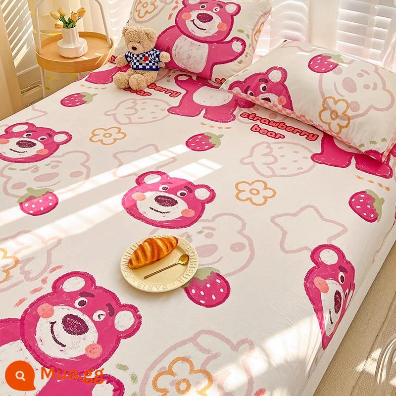 Tấm cotton nguyên chất một mảnh 100 cotton dày trẻ em chăn đơn ký túc xá sinh viên vỏ gối ga trải giường 3 món 1.5 mét - Xin chào gấu dâu