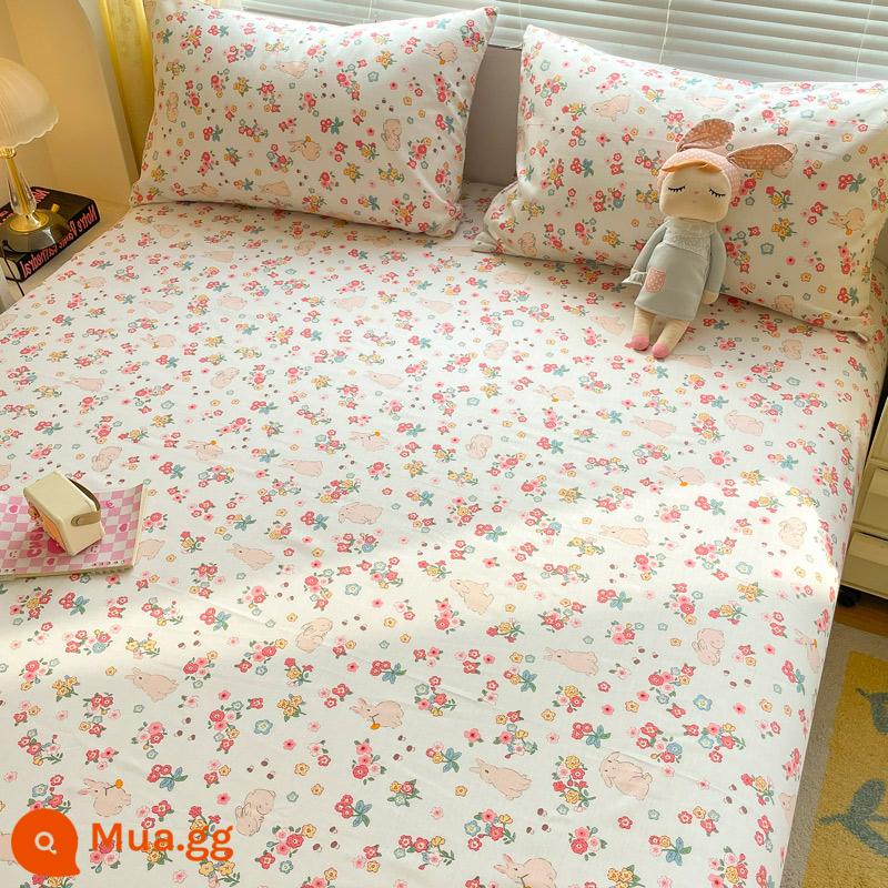 Tấm cotton nguyên chất một mảnh 100 cotton dày trẻ em chăn đơn ký túc xá sinh viên vỏ gối ga trải giường 3 món 1.5 mét - Thỏ hoa