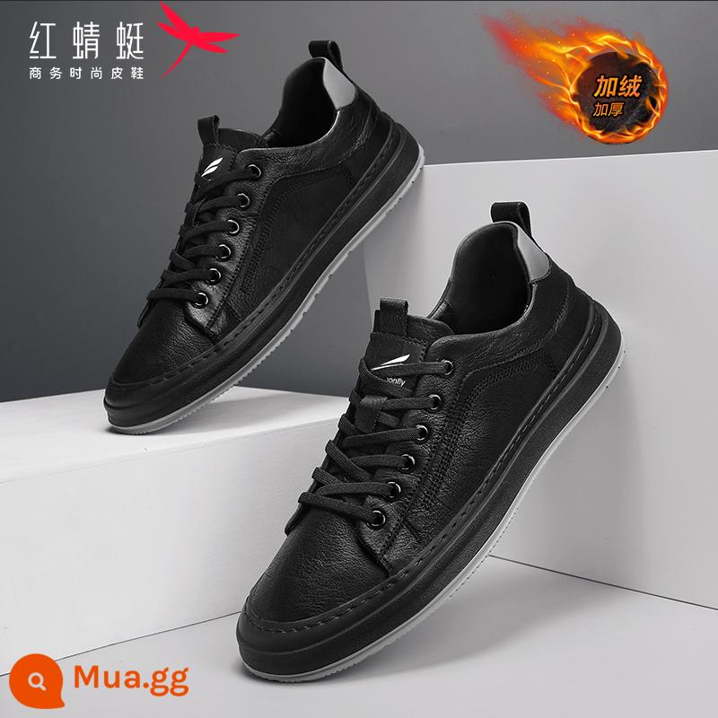 Giày Da Chuồn Chuồn Đỏ Nam Thu Đông 2022 Giày Thời Trang Mới Giày Công Sở Anh Giày Nam Giày Sneaker Da Thật - Đen [cổ điển cộng với nhung]