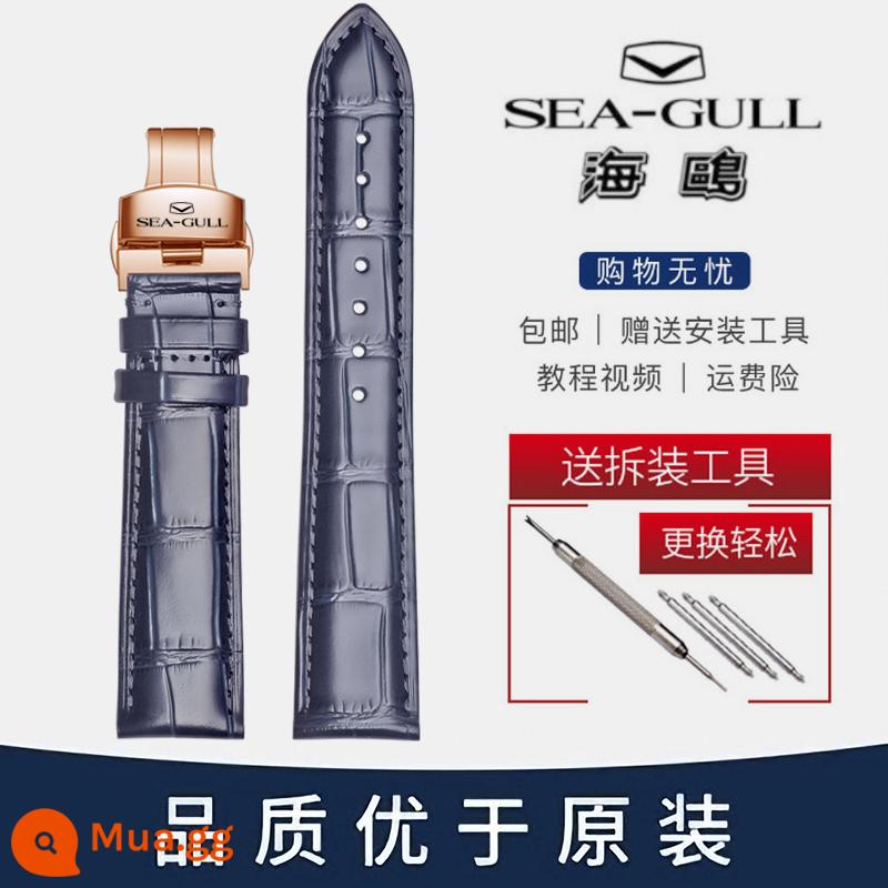 Dây Đồng Hồ Seagull Nam Da Chính Hãng Khóa Bướm Nữ 819.317/219.328 Dòng Tourbillon - Khóa bướm màu xanh + vàng hồng