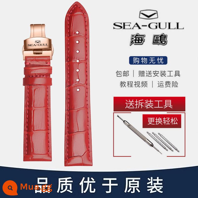 Dây Đồng Hồ Seagull Nam Da Chính Hãng Khóa Bướm Nữ 819.317/219.328 Dòng Tourbillon - Khóa bướm màu đỏ + vàng hồng