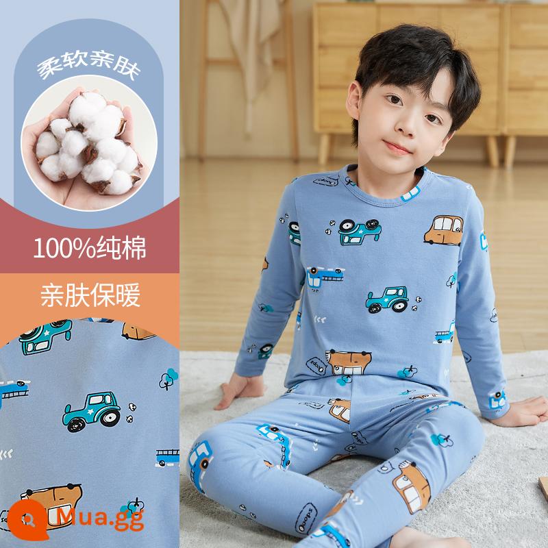 Quần áo mùa thu bé trai quần vệ sinh Bộ đồ lót giữ nhiệt trẻ em mùa thu đông cotton đồ ngủ bé trai lớn trẻ em áo len cotton nguyên chất cho bé - DNY396 xe màu xanh #5N