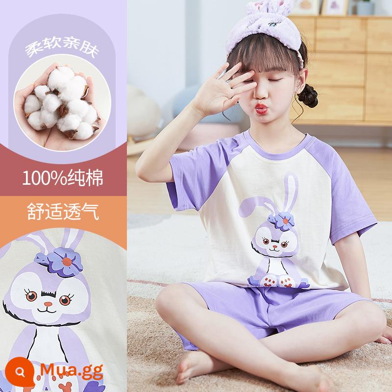 Bộ đồ ngủ trẻ em cho bé gái mùa xuân và mùa thu bông nguyên chất loại A quần áo ở nhà cho bé gái lớn quần áo cotton trẻ em mùa hè thu và quần vệ sinh phù hợp - DNY336 tím #2K [quần ngắn tay]