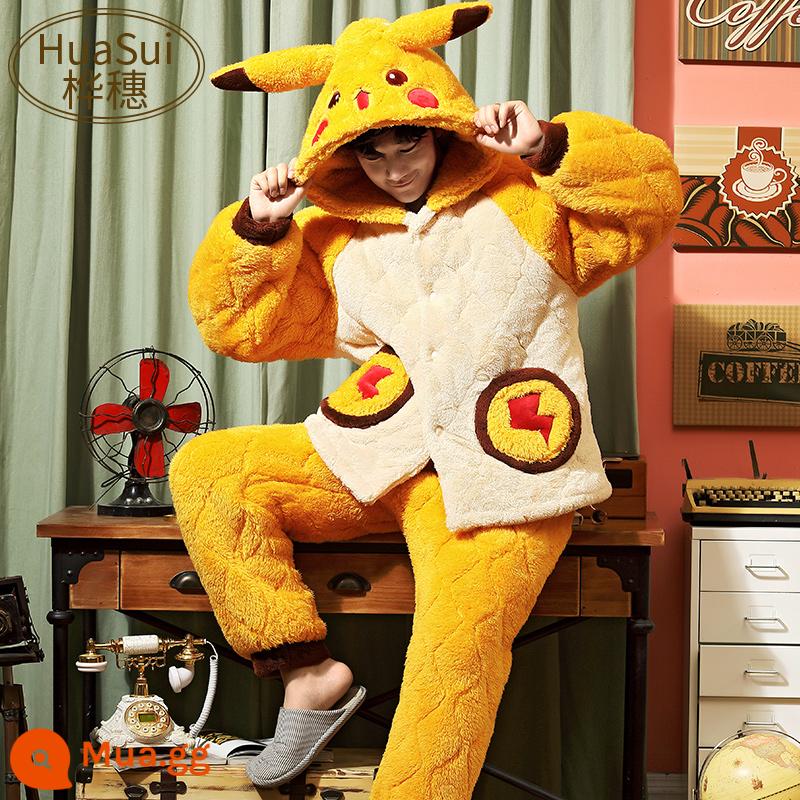 Pyjamas Men's Winter Coral Velvet Velvet Song pluffy ba -layer Cotton Set - 93010-Pikachu-Nam