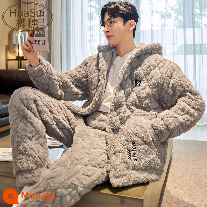 Pyjamas Men's Winter Coral Velvet Velvet Song pluffy ba -layer Cotton Set - 001A-21J Nam mặt cười đen