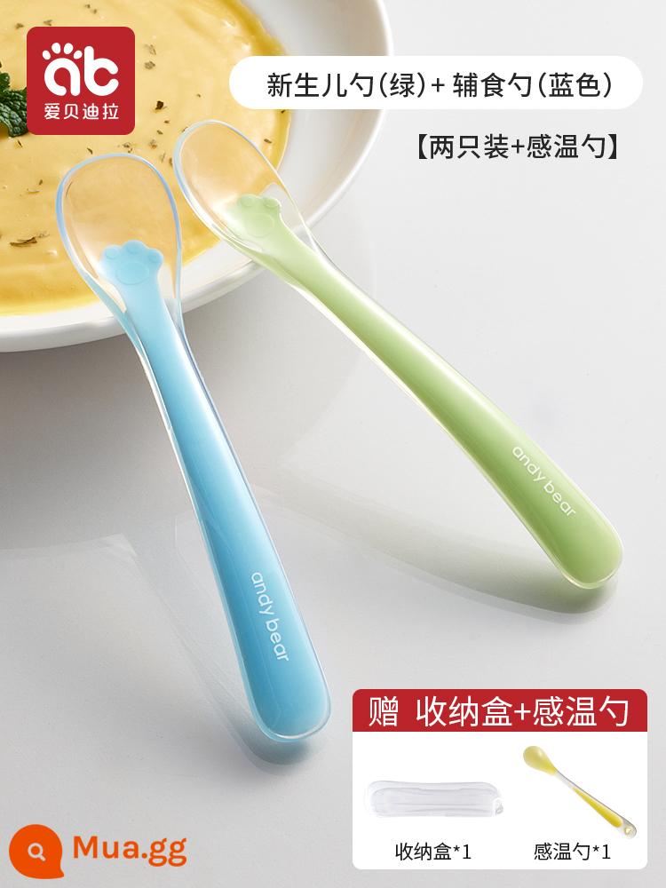 Muỗng silicone cho bé sơ sinh cho bé ăn nước thìa nhỏ bộ đồ ăn trẻ em ăn thức ăn không chủ yếu bát đầu mềm thìa silicone mềm - √[Nâng cấp lên nguyên chiếc] xanh dương + xanh lá cây (có hộp bảo quản) và kèm thìa hâm nóng (đổi màu 38°)