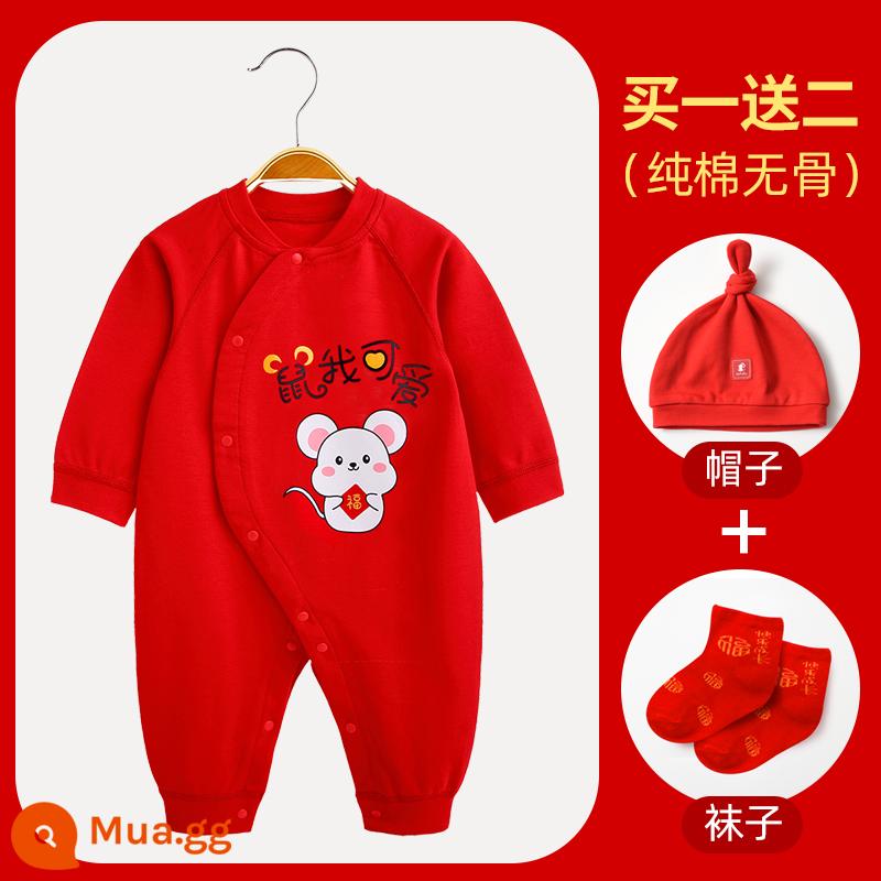 Áo liền quần cotton nguyên chất cho bé Quần áo năm mới quần áo trăng tròn sơ sinh áo liền quần lễ hội năm mới áo liền quần mùa xuân, thu đông - 〖Phong cách thông thường〗Chuột rất dễ thương (bao gồm mũ + tất)