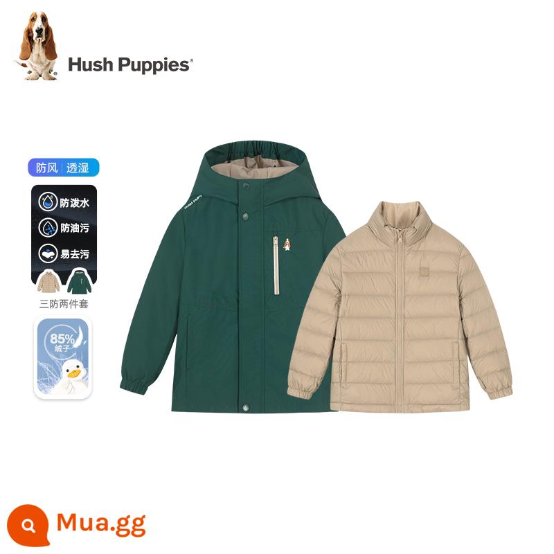 Hush Puppies quần áo trẻ em Áo khoác ba lớp chống thấm trẻ em mùa đông 23 phong cách mới cho bé trai và trẻ sơ sinh phiên bản dài bé gái áo khoác dày có mũ trùm đầu - Rừng xanh-CR541