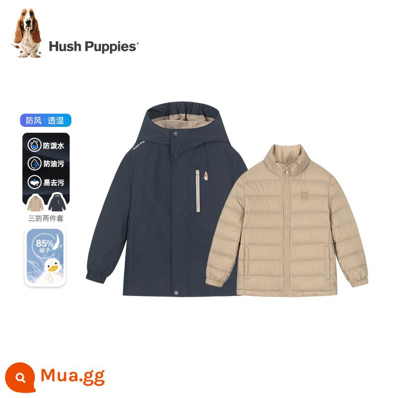 Hush Puppies quần áo trẻ em Áo khoác ba lớp chống thấm trẻ em mùa đông 23 phong cách mới cho bé trai và trẻ sơ sinh phiên bản dài bé gái áo khoác dày có mũ trùm đầu - Màu xanh hải quân-CR541