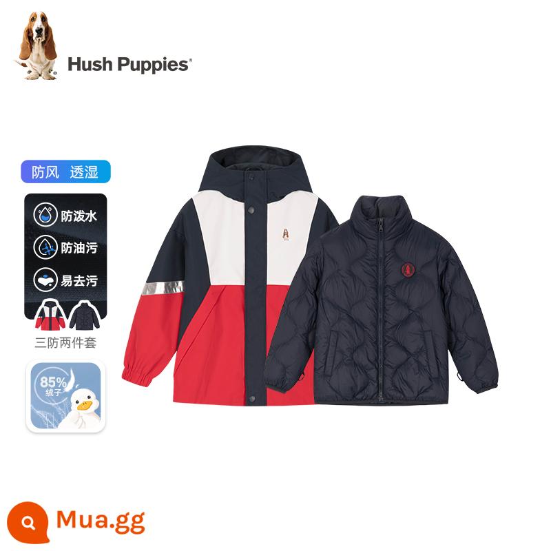 Hush Puppies quần áo trẻ em Áo khoác ba lớp chống thấm trẻ em mùa đông 23 phong cách mới cho bé trai và trẻ sơ sinh phiên bản dài bé gái áo khoác dày có mũ trùm đầu - Màu đỏ san hô-CR538