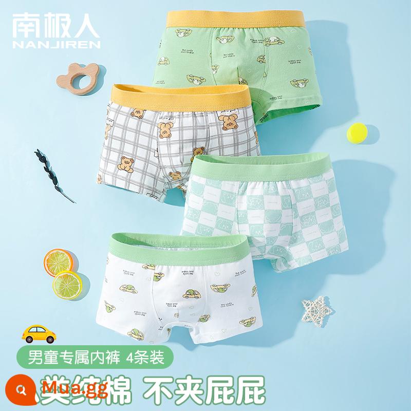 Quần lót trẻ em bé trai cotton 4 góc bé trai cotton trung và lớn boxer bé trai 100% quần đùi bé không kẹp mông - Du Lịch Gấu (4 Gói)