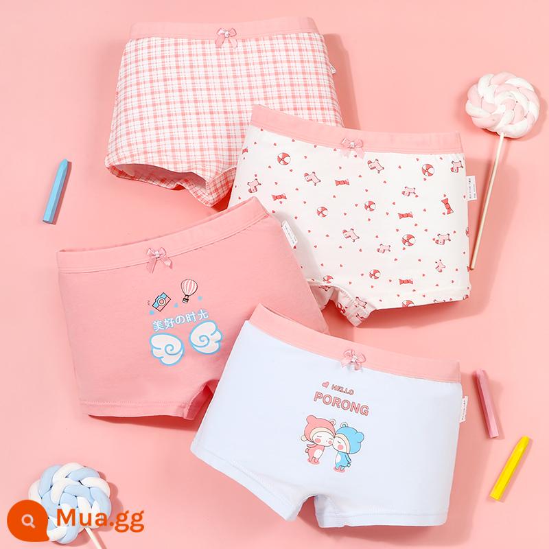 Quần lót bé gái boxer cotton nguyên chất không kẹp pp cotton tam giác bé trai bé gái quần short 100% 4 góc - Khoảng thời gian nhỏ xinh (4 gói)