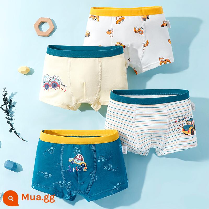 Quần lót trẻ em bé trai cotton 4 góc bé trai cotton trung và lớn boxer bé trai 100% quần đùi bé không kẹp mông - Chơi xe cực ngầu (4 gói)