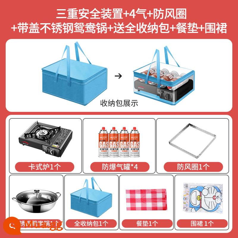 Bếp Cassette Ngoài Trời Lĩnh Vực Bếp Nồi Lẩu Cass Di Động Thẻ Từ Bếp Gas Âm Cắm Trại - Thiết bị an toàn 3 lớp + 4 bình khí + vòng chắn gió + nồi vịt quýt inox có nắp + túi đựng miễn phí + tấm lót đĩa + tạp dề