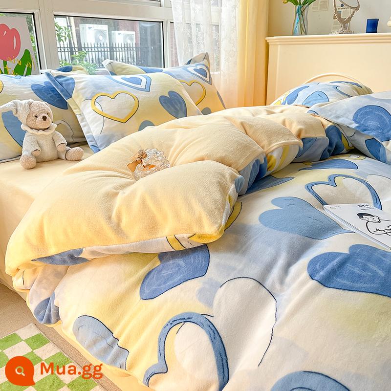 Sữa làm đặc nhung vỏ chăn mùa đông Plus nhung mùa đông nhung san hô vỏ chăn 1 flannel đơn chăn 4 bộ - Màu xanh tình yêu [nhung sữa cao cấp]