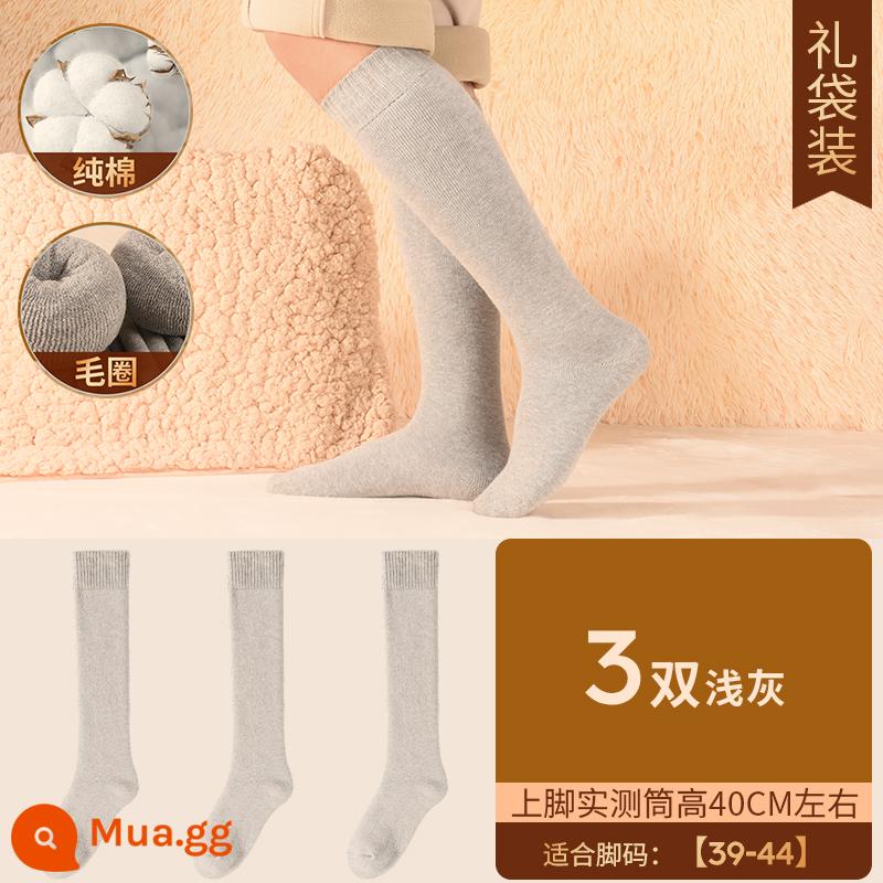 Henngyuanxiang Vớ bông nguyên chất Mùa thu và mùa đông ấm áp và nhung, mùa đông Dothoran Anti -cotton TOCT SOCKS - [Cao nam] Plus nhung dày dặn - 3 đôi xám nhạt