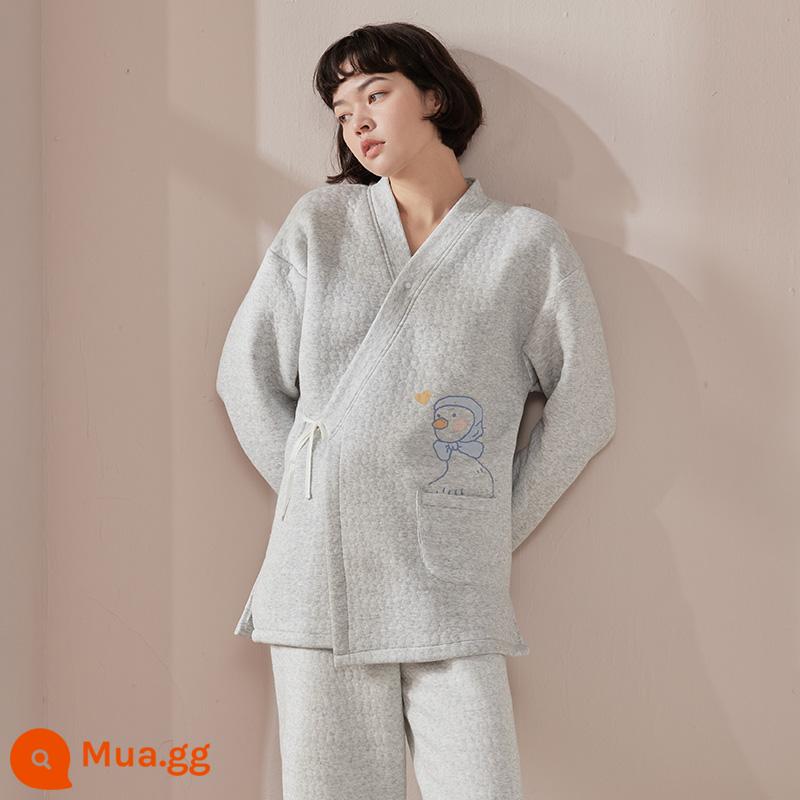 Quần áo giam cầm Guyangyang vào tháng 12 mùa đông bộ đồ ngủ bằng cotton nguyên chất cho phụ nữ mang thai sau sinh mẫu xuân thu đông chần bông cho con bú quần áo mặc ở nhà - [Bộ kimono 2 mảnh - không có cổng dưỡng] Vịt may mắn màu xám