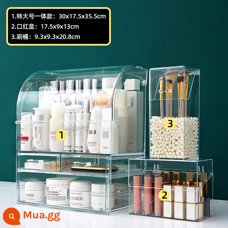 Máy Tính Để Bàn Hộp Bảo Quản Mỹ Phẩm Chống Bụi Acrylic Son Môi Công Suất Lớn Sản Phẩm Chăm Sóc Da Bàn Trang Điểm Ngăn Kéo Kệ - [Bộ ba mảnh trong suốt cực lớn] Một mảnh cực lớn + hộp đựng cọ + hộp son môi