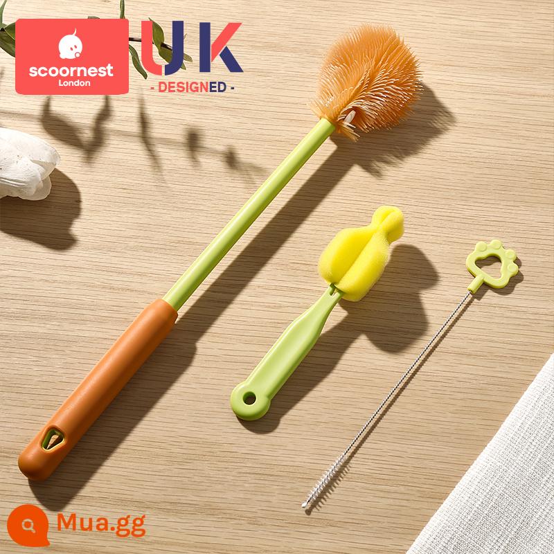 Bàn chải bình sữa silicone cho bé đặc biệt bàn chải núm vú giả bàn chải ống hút bàn chải bình nước bàn chải súc rửa bàn chải làm sạch bộ bàn chải làm sạch - [Nano Bạc Kháng Khuẩn] Đầu Bàn Chải Gấp Bình Sữa Bé Bộ Ba Món-Ster Green