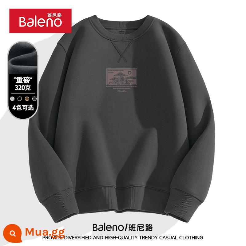 Baleno nam cổ tròn cotton dày T nam xuân thu 320g hạng nặng đơn giản cơ bản có mũ trùm đầu cỡ lớn áo khoác - Núi dòng #MB màu xám trung bình